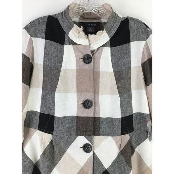 Ali Miles Linen Blend Button Up Tunic sz M Nova Check Plaid Ruffle Babydoll NEW - Picture 2 of 11